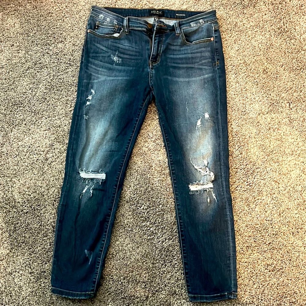 Judy Blue Distressed Boyfriend Jeans - Dark Blue
